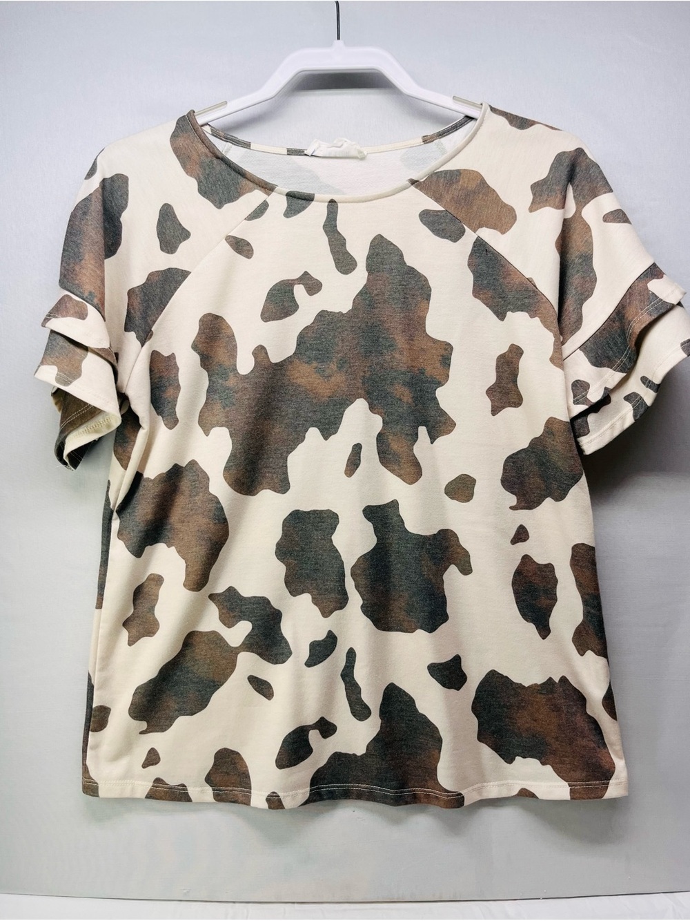 Peach Love California Cowprint Short Sleeve Top - Cream & Brown